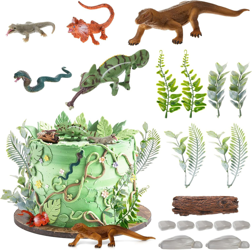 Simgoing 19 Pcs Reptile Cake Toppers Safari Animals Cake Decorations Artificial Lizard Snake Model Leaf Stone Tree Stump Set Reptile Party Decoration for Birthday Baby Shower Theme Party Supplies