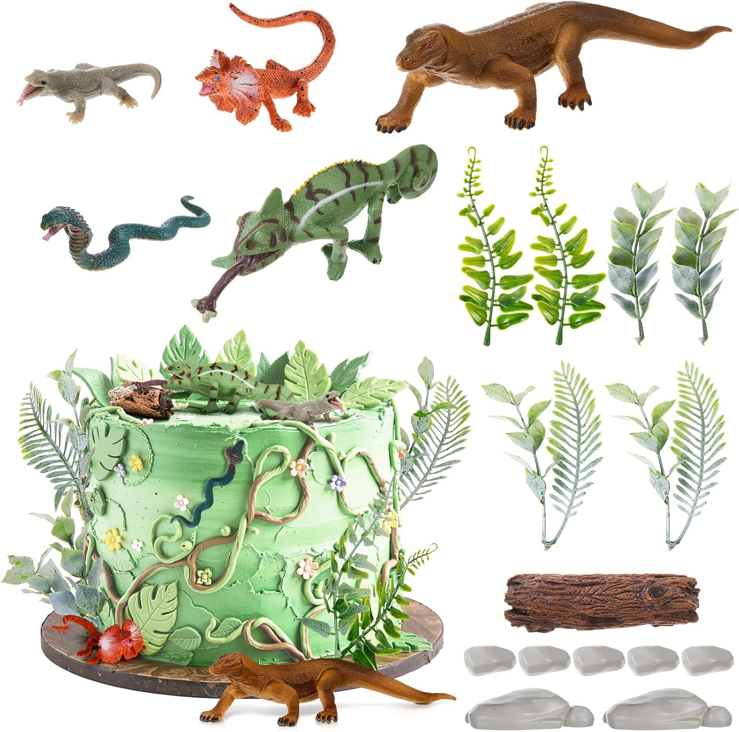 Simgoing 19 Pcs Reptile Cake Toppers Safari Animals Cake Decorations Artificial Lizard Snake Model Leaf Stone Tree Stump Set Reptile Party Decoration for Birthday Baby Shower Theme Party Supplies