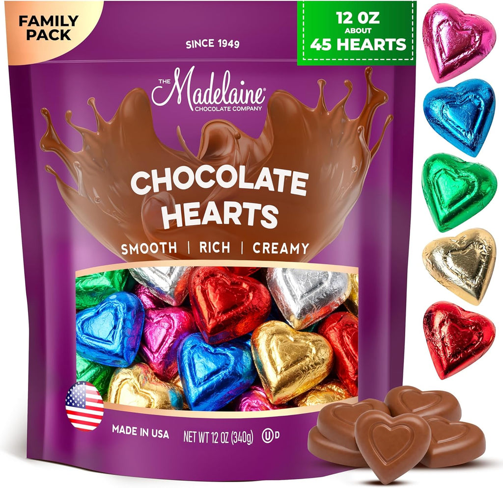 Madelaine Milk Chocolate Mini Hearts, Individually Wrapped Rainbow Foil - Easter Candy Bulk for Kids Classroom, Gifts & Treat Bags, 12 oz