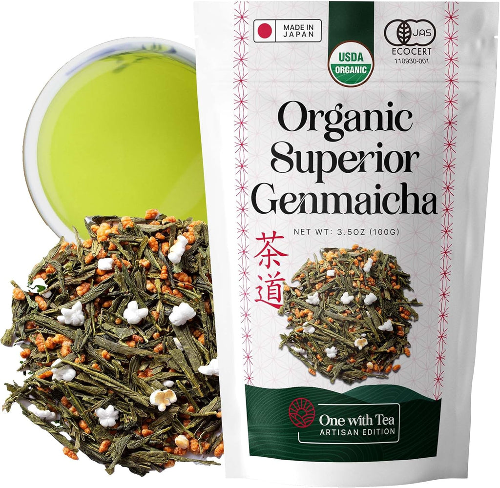 One With Tea Organic Japanese Genmaicha Green Tea Loose Leaf – Premium Whole Leaf Sencha with Roasted Brown Rice, USDA Organic, Nutty & Smooth Flavor, Traditional Japanese Tea