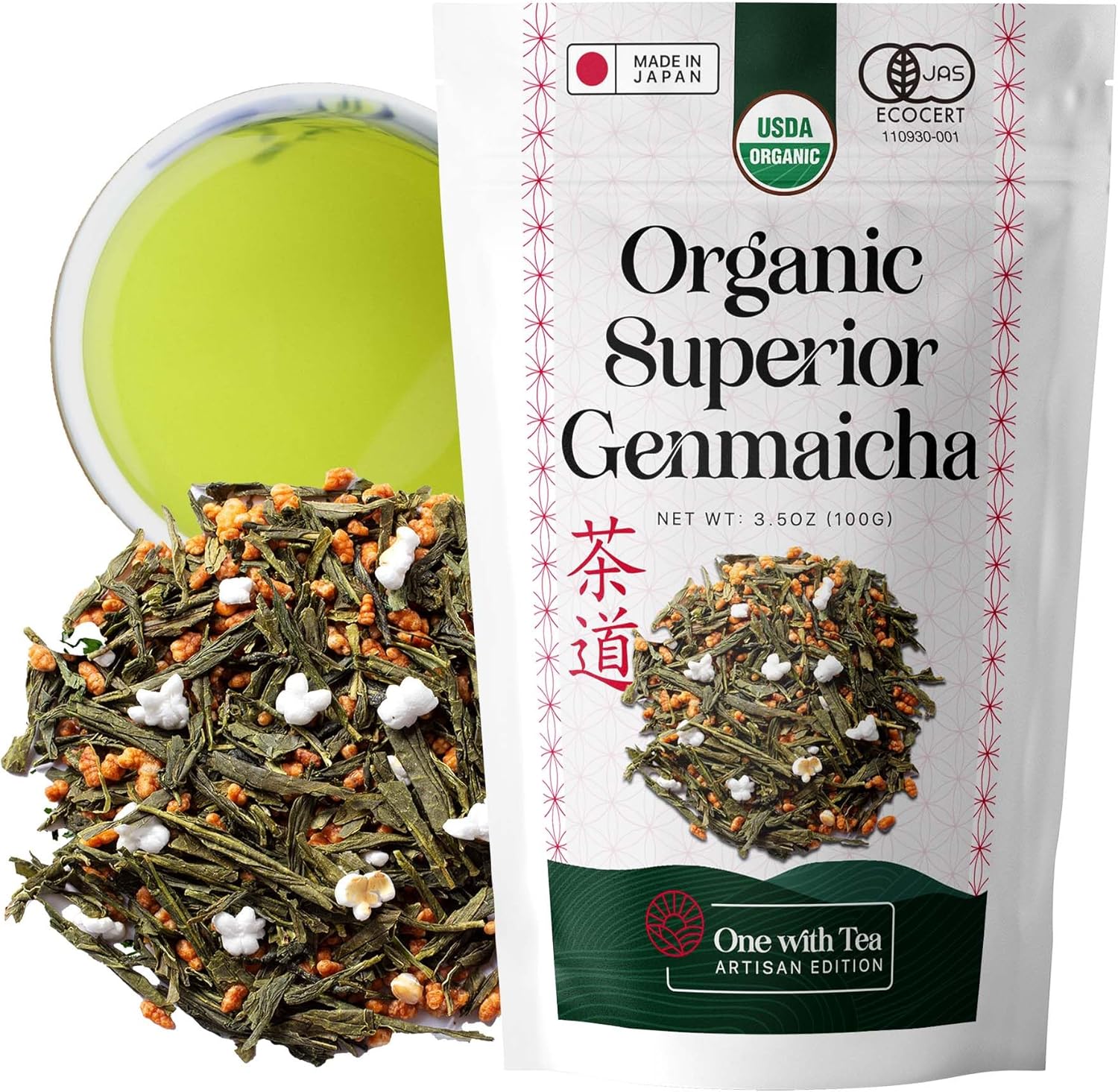 One With Tea Organic Japanese Genmaicha Green Tea Loose Leaf – Premium Whole Leaf Sencha with Roasted Brown Rice, USDA Organic, Nutty & Smooth Flavor, Traditional Japanese Tea