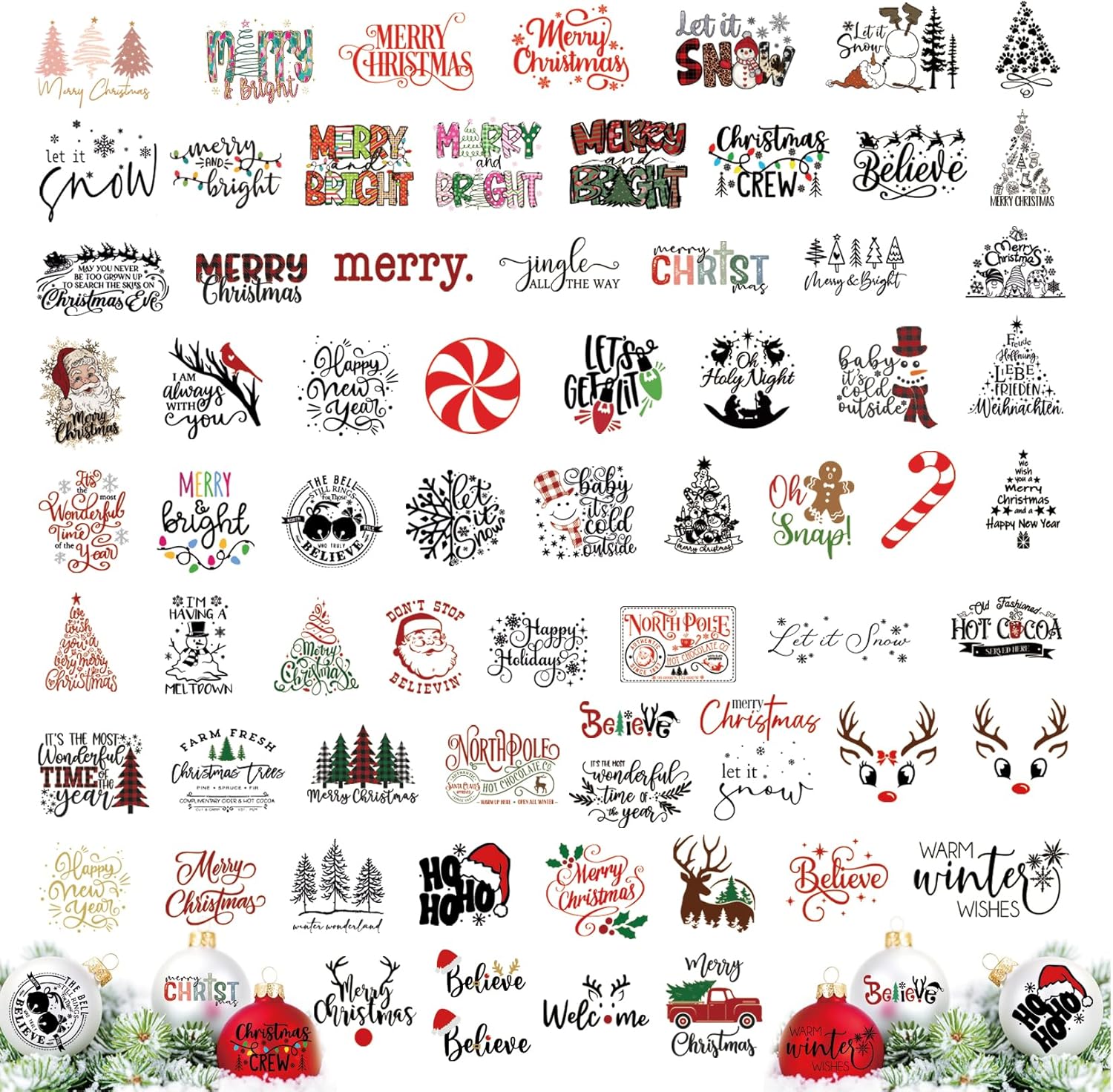 71Pcs Christmas Word Decals Rub on Transfer Stickers for Crafts Vinyl Waterproof UV DTF Christmas Words Snowmans Decals Stickers for Winter Holiday Ornaments Wood Glass Jars Cups Bottle Decor(deer144)