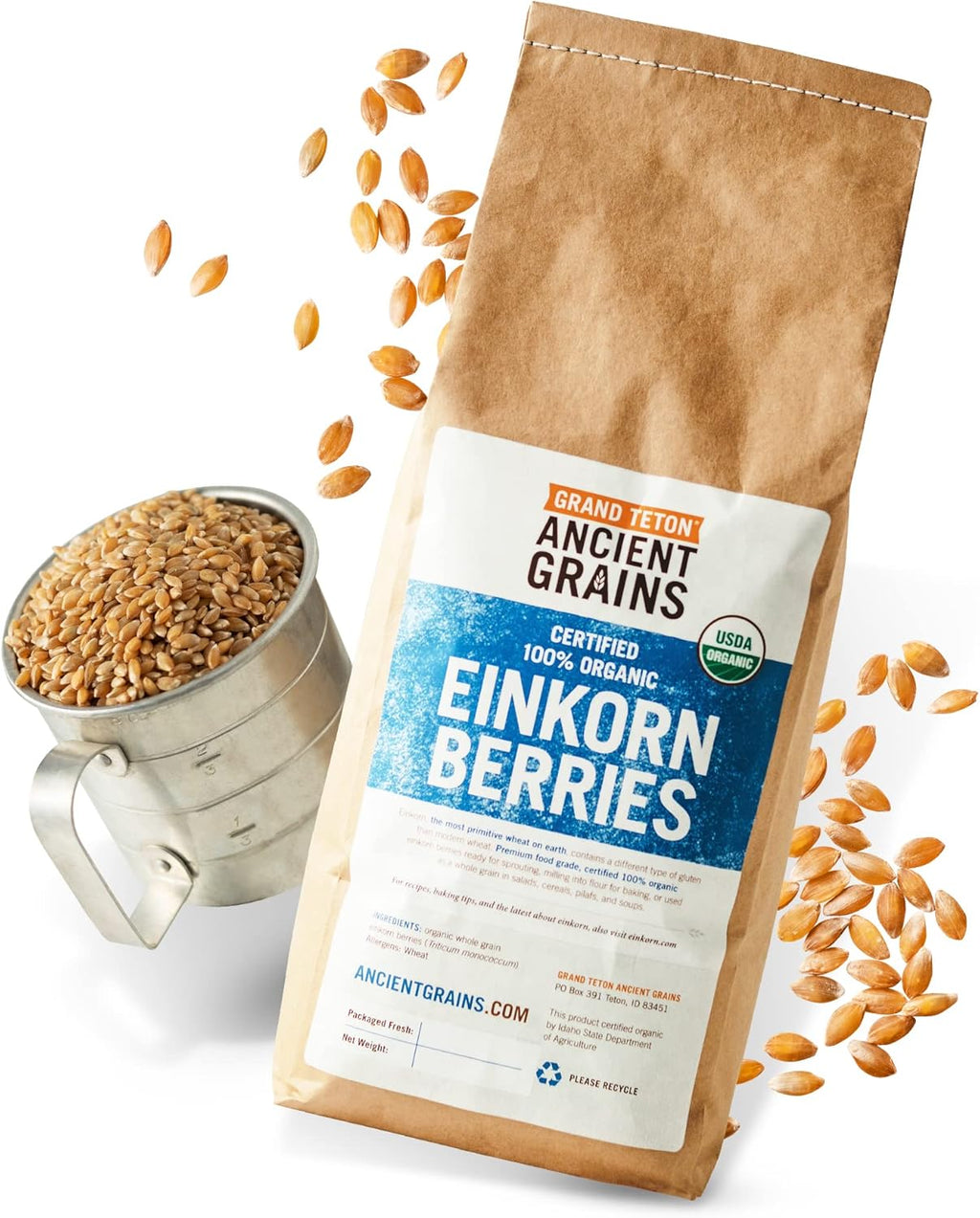 Grand Teton Ancient Grains - 100% Organic Einkorn Berries, Premium Food-Grade Farro Piccolo, For Milling into Flour, Baking, Pilafs, & Soups, 5 lbs