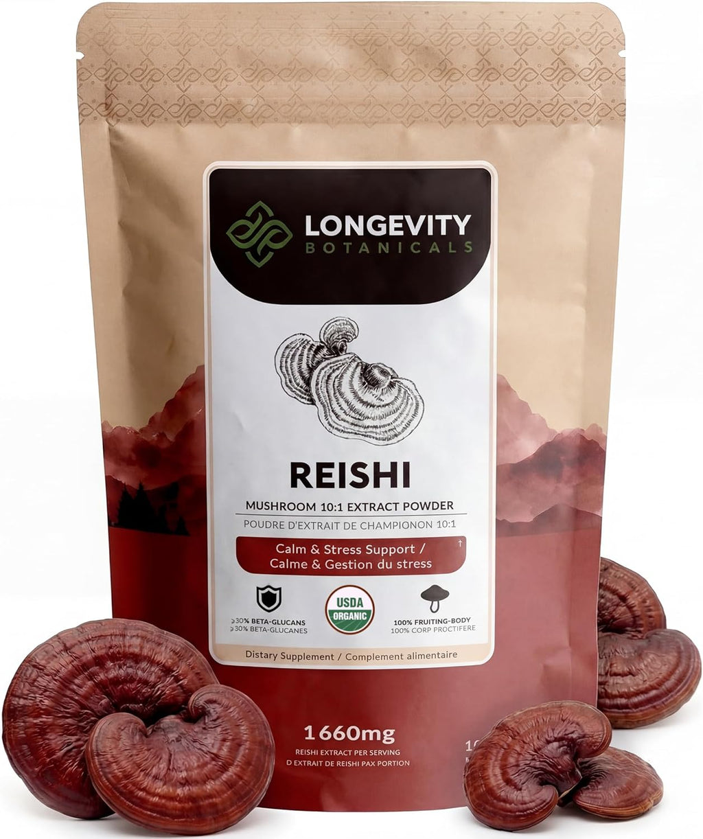 Longevity Botanicals Organic Reishi Mushroom Powder Supplement Extract 100g | Ganoderma Lucidum Fruiting Body | ≥30% Beta-D-Glucans | 60 Servings of 1,660mg | Supports Stress & Immune Wellness