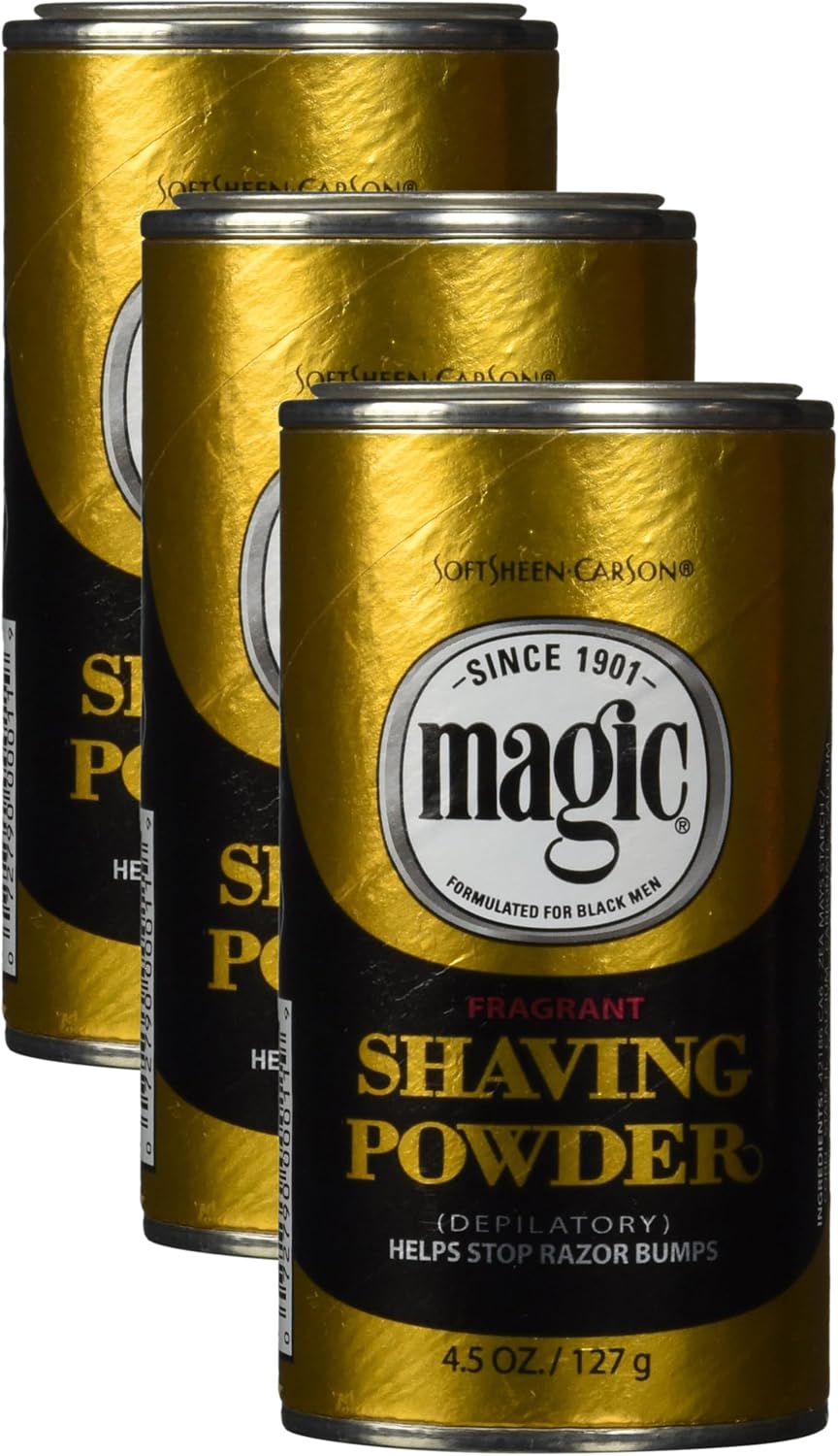 SoftSheen-Carson Magic Razorless Shaving for Men,Magic Shaving Powder with Fragrance,Coarse Textured Beards,Formulated for Black Men,Depilatory, Helps Stop Razor Bumps, Since 1901, 4.5 oz (Pack of 3)