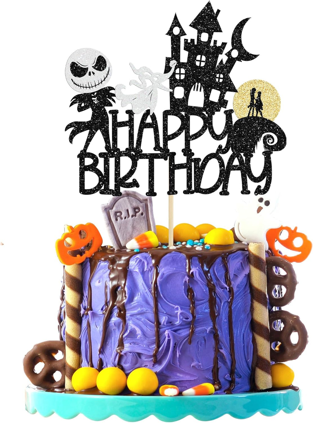 1Pc Halloween Happy Birthday Cake Topper Glitter Jack and Sally Pumpkin Bat Castle Ghost Halloween Cake Pick for Birthday Party Cake Decorations Supplies