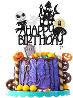 1Pc Halloween Happy Birthday Cake Topper Glitter Jack and Sally Pumpkin Bat Castle Ghost Halloween Cake Pick for Birthday Party Cake Decorations Supplies