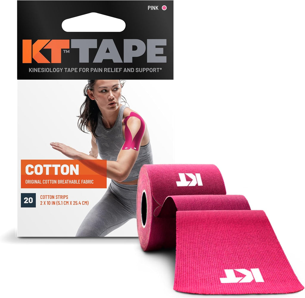 KT Tape, Original Cotton, Elastic Kinesiology Athletic Tape, 20 Count, 10” Precut Strips, Pink