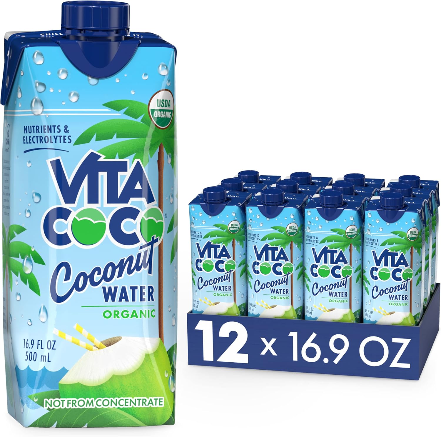 Vita Coco Coconut Water, Pure Organic | Refreshing Coconut Taste | Hydrating Electrolytes | Vital Nutrients | 16.9 Oz (Pack Of 12)