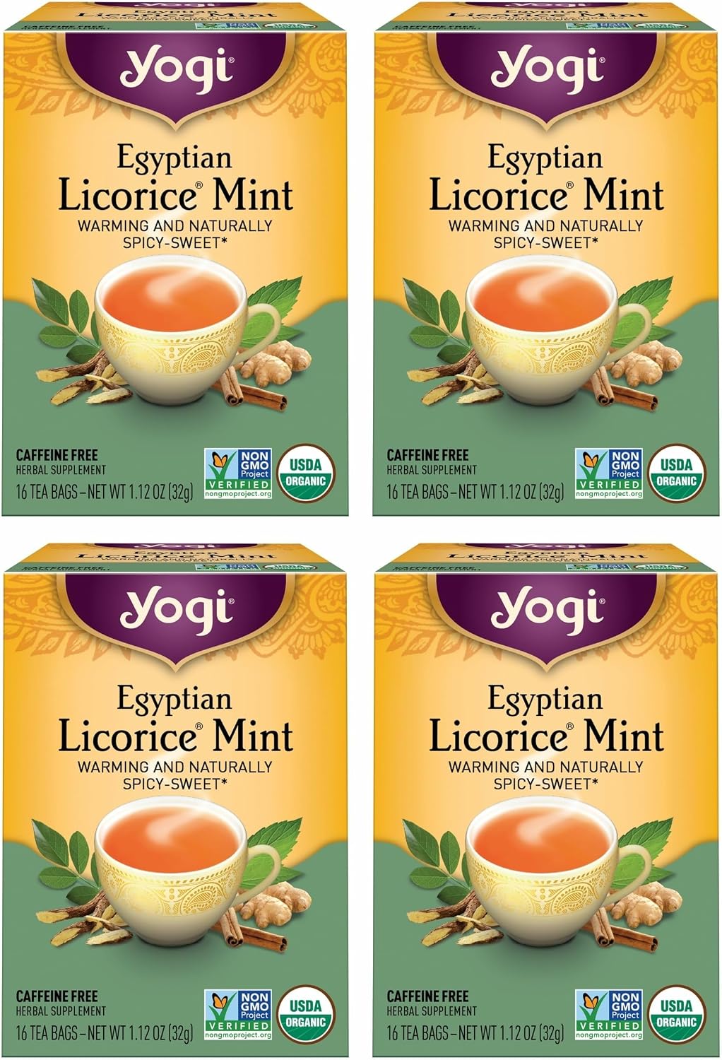 Yogi Tea Egyptian Licorice Mint Tea - 16 Tea Bags per Pack (4 Packs) - Caffeine-Free Organic Tea - Includes Peppermint Leaf, Licorice Root, Cinnamon Bark, Cardamom Pod, Ginger Root & More