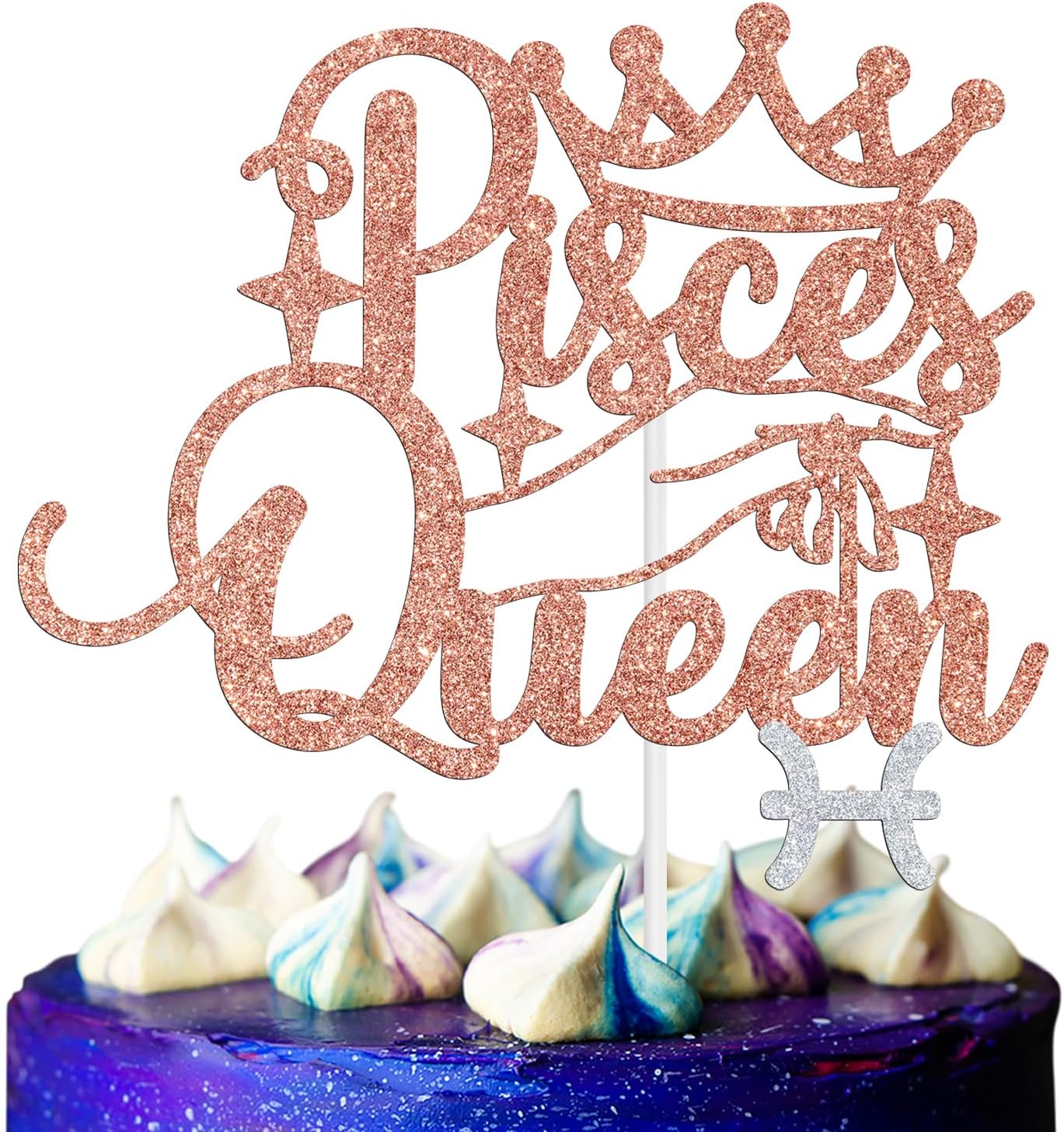 Pisces Queen Cake Topper – Big Pisces Energy Zodiac Sign Birthday Decor for February & March, Constellation Theme Party Supplies for Women, Rose Gold Glitter Cake Decoration