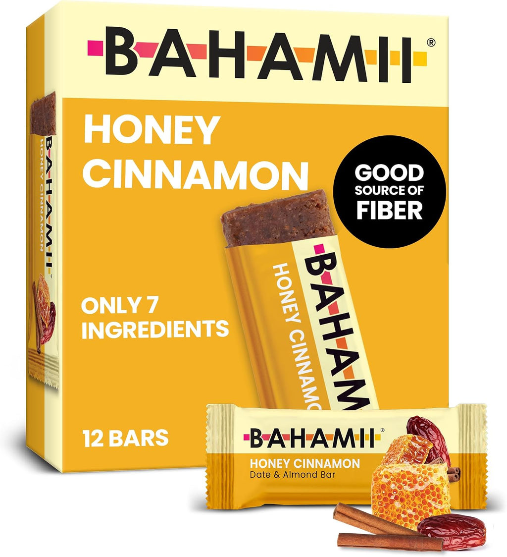 Bahamii Honey Cinnamon Date and Energy Bars, Healthy Snacks and Breakfast Bars for Kids and Adults, Paleo, Gluten Free, High Fiber, Dairy Free, Plant Based, Only 7 Ingredients, 12 Pack
