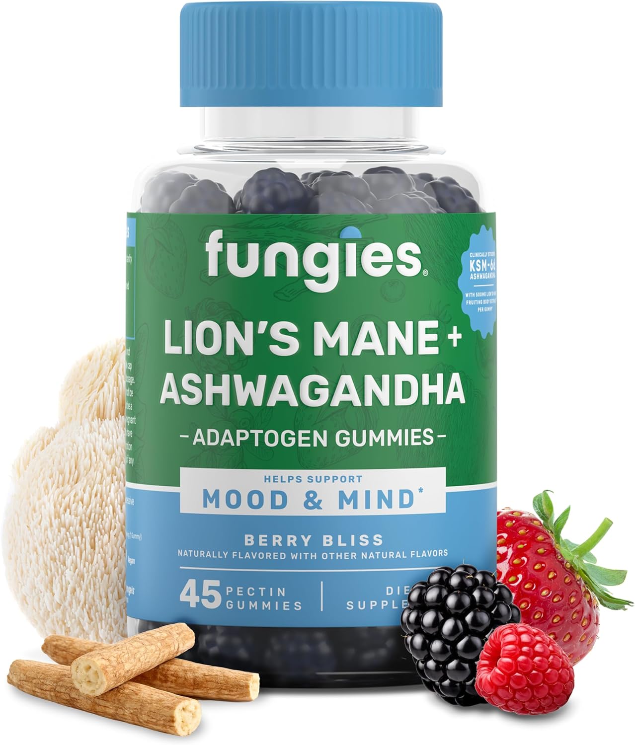 Fungies Lion's Mane KSM-66 Ashwagandha Gummies, Berry Flavor - Mushroom Supplement Adaptogen Gummy Supports Brain Health, Cognitive Function, Focus, Memory & Mood - Mind-Body Wellness, 45 Servings