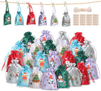 24 Pcs Small Christmas Bags with Drawstring Cute Satin Xmas goodie Bags Bulk for Christmas Advent Calendar Assorted Treat Bags for Winter Holiday Party Favor