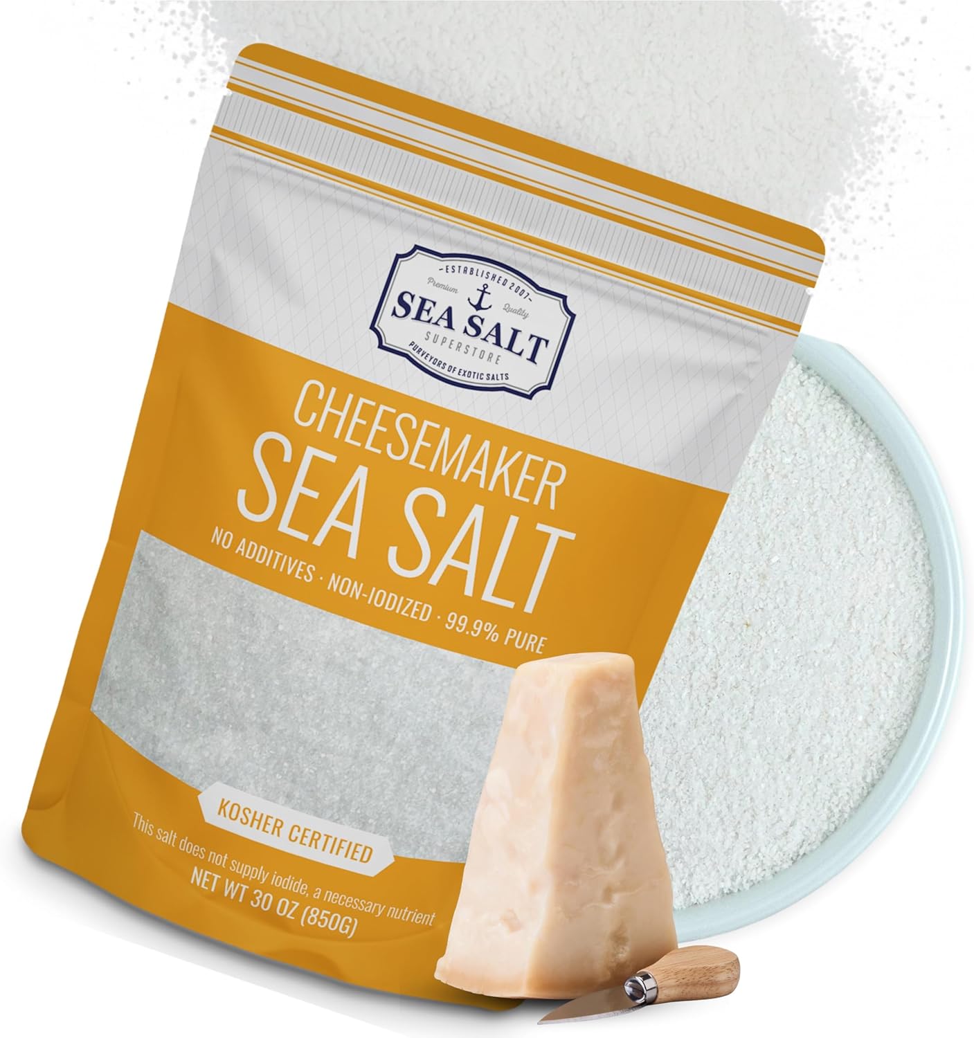 Fine Sea Salt for Homemade Cheese Making, Gluten-Free and Non-Iodized, Kosher Cheese Kit Essential Flaky Salt, 30 oz Bag