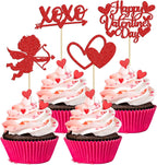 24Pcs Happy Valentine's Day Cupcake Toppers Red Glitter XOXO Cupid Sweet Love Cupcake Food Picks Valentine's Day Theme Wedding Bridal Shower Birthday Party Cake Decorations Supplies