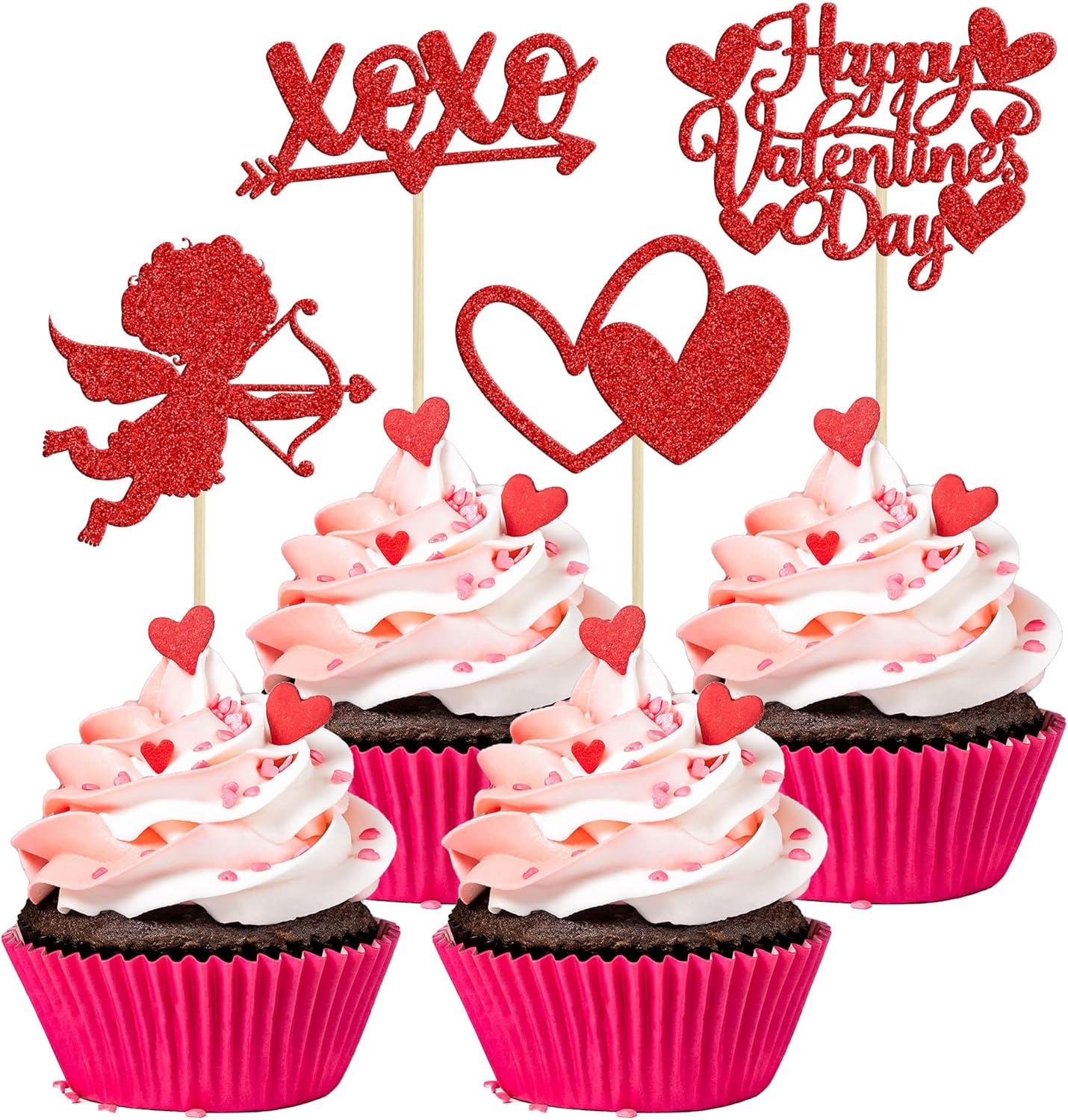 24Pcs Happy Valentine's Day Cupcake Toppers Red Glitter XOXO Cupid Sweet Love Cupcake Food Picks Valentine's Day Theme Wedding Bridal Shower Birthday Party Cake Decorations Supplies