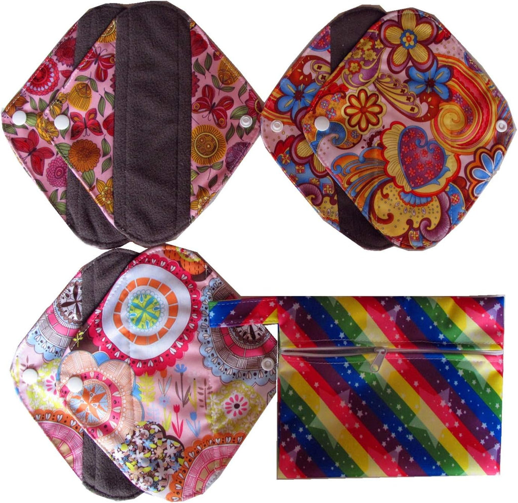 MUMBABY 7pcs Set 1pc Mini Wet Bag +6pcs 8 Inch Pantyliner Charcoal Bamboo Mama Cloth Menstrual Pads/Reusable Sanitary Pads (Colorful Star)