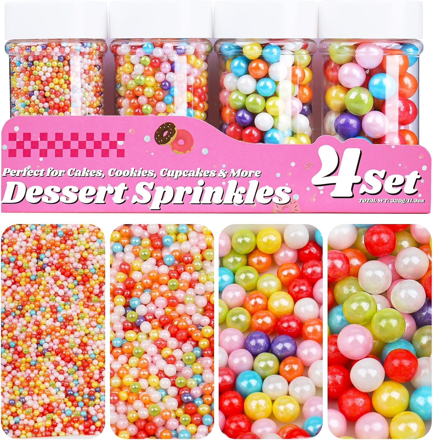 Rainbow Sprinkles for Cake Decorating, 11.3 Oz Edible Pearls Sugar Large Capacity 4 Jars Set for Baking Cookie Ice Cream Cupcake Topping