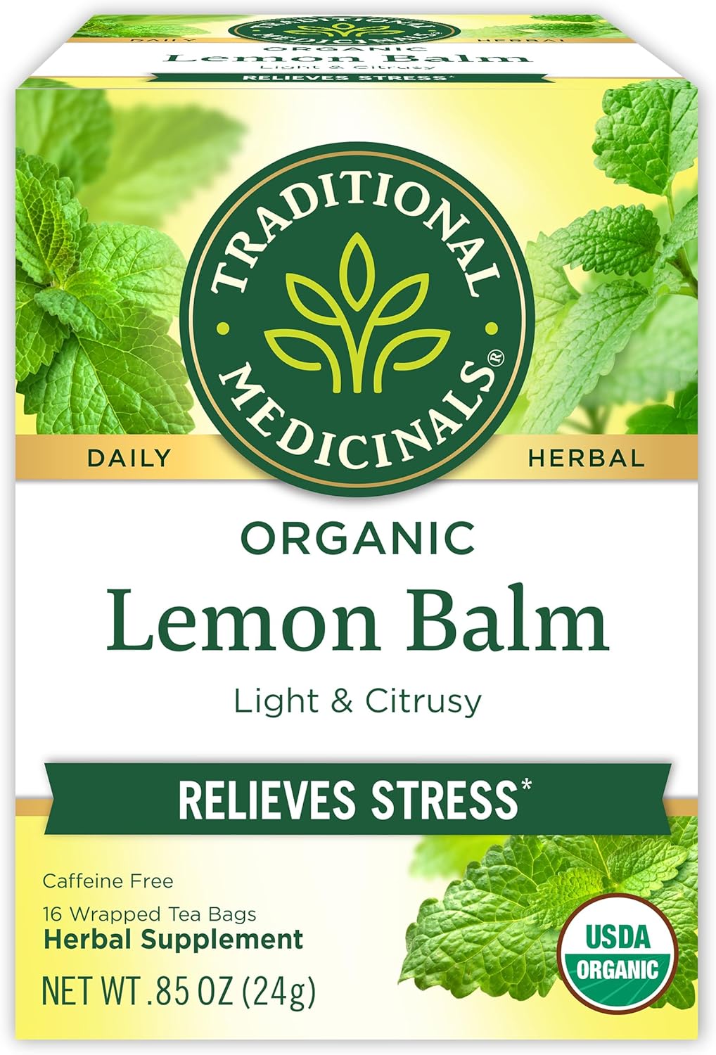Traditional Medicinals Organic, Lemon Balm - Supports Stress Relief & Digestive Health - Kosher, Non-GMO, Caffeine-Free, Compostable - 16 Tea Bags