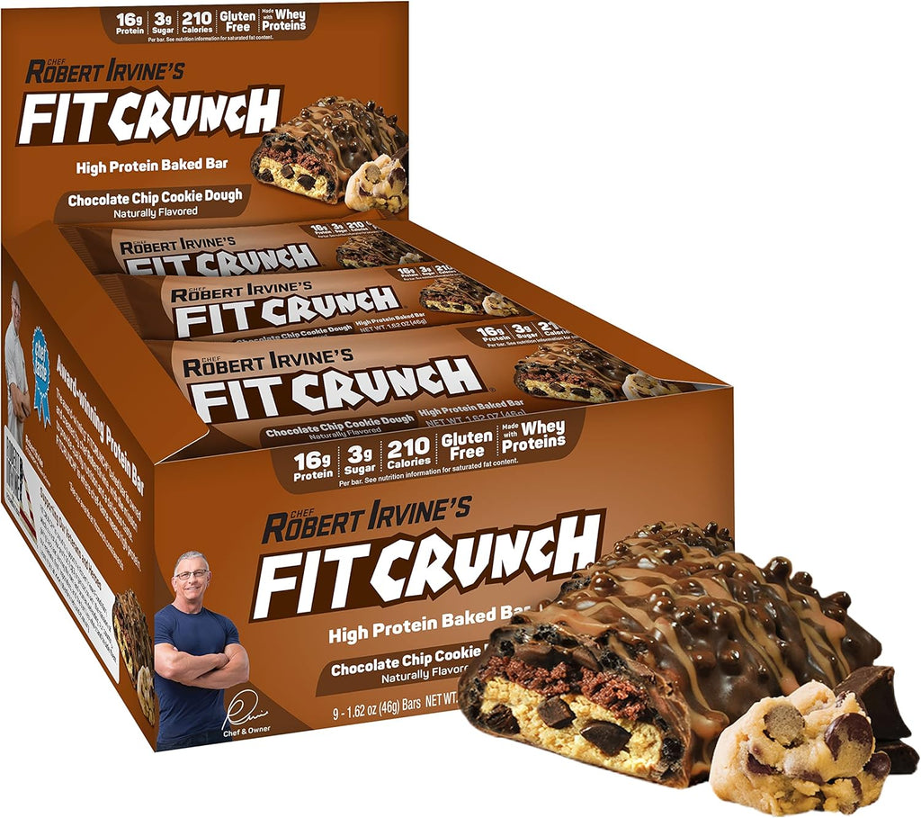 FITCRUNCH Snack Size Protein Bars, 6-Layer Baked Bar, 3g of Sugar, Gluten Free & Soft Cake Core (9 Bars, Chocolate Chip Cookie Dough)