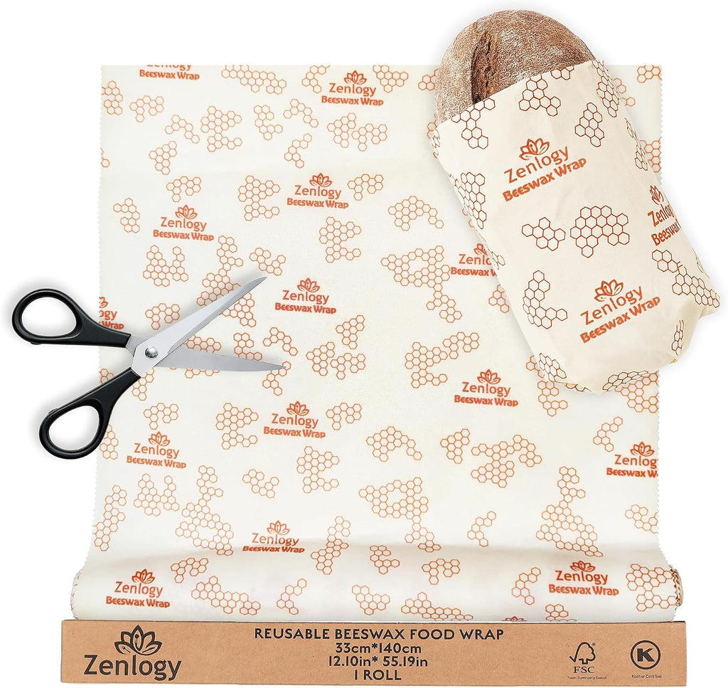 Beeswax Wrap Roll 13" x 55" – Zenlogy Reusable Beeswax Food Wrap, Cut to Size, Organic Cotton & Natural Beeswax, Washable Plastic Free Food Storage
