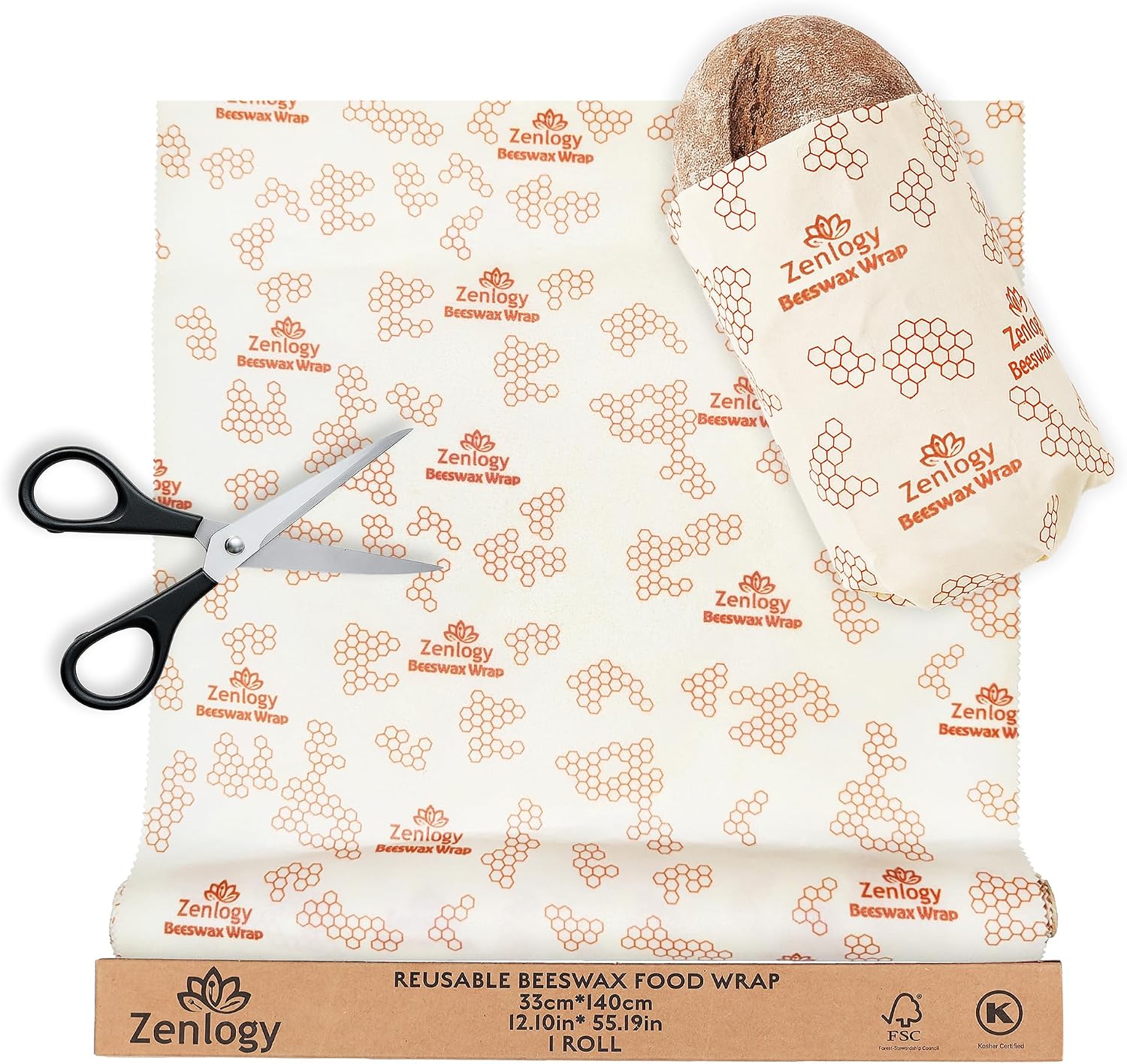 Beeswax Wrap Roll 13" x 55" – Zenlogy Reusable Beeswax Food Wrap, Cut to Size, Organic Cotton & Natural Beeswax, Washable Plastic Free Food Storage