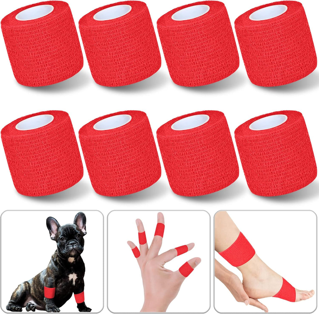 8 Pack 2 in x 5 Yards Cohesive Wrap Self Adhesive Bandage Elastic Self Adherent Wrap Self Stick Vet Tape for Athletic, Wrist, Ankle, Knees, Pets (Red)