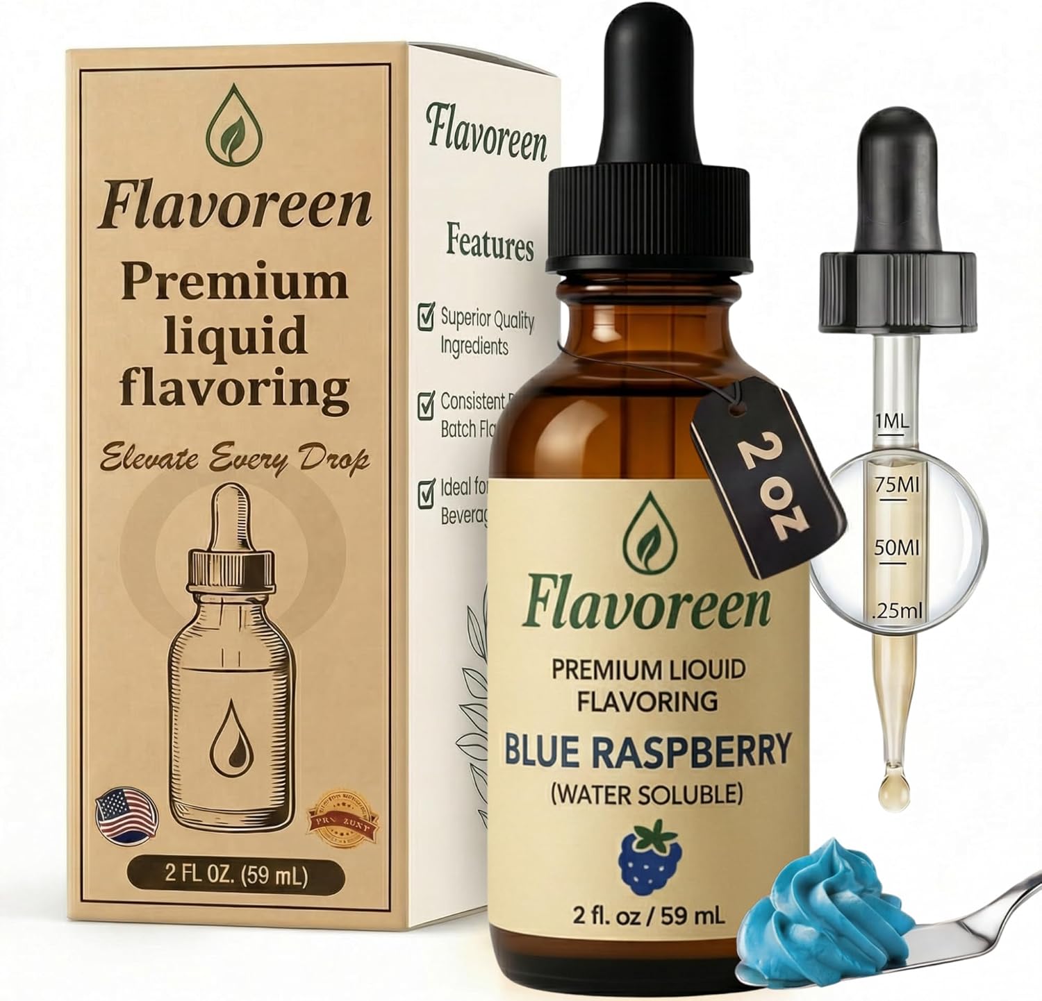 Flavoreen Blue Raspberry Extract – Highly Concentrated Liquid Flavoring - Water Soluble - for Drinks, Candy Making, Baking, Icing & Sodas – Premium Blue Raspberry Fruit Flavor – Made in USA (Amber Glass Dropper Bottle)