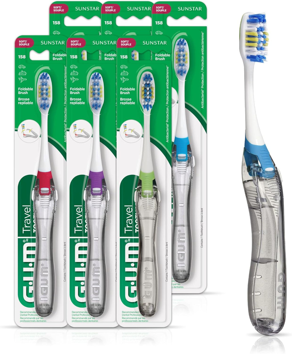 GUM Folding Travel Toothbrush - Compact Head + Tongue Cleaner - Soft Bristled Travel Toothbrushes for Adults 1ct (Pack of 6)
