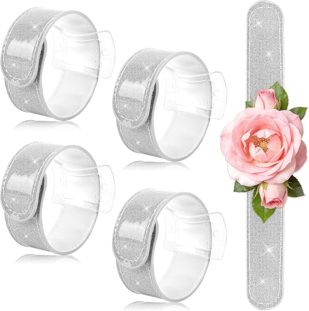 JUNEBRUSHS 4 Pieces Slap Bracelet Corsage Wristlet Bands, White Floral Snap Bracelet Corsage Wristlet Bands with Hollow template for Wedding Prom DIY Bouquet Accessories Bridesmaids Bride Shower