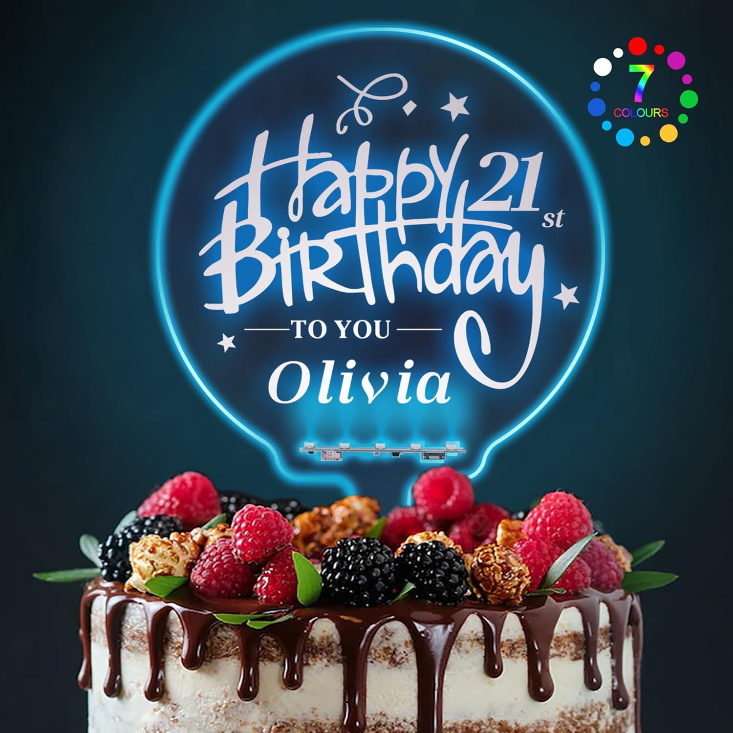 LED Personalized Happy Birthday Cake Toppers 7 Colour Changes Light Up Cake Topper Acrylic Cake Toppers Cake Decorations for 1st 16th 18th 20th 21st 30th 40th 50th 60th 70th(Design 2)