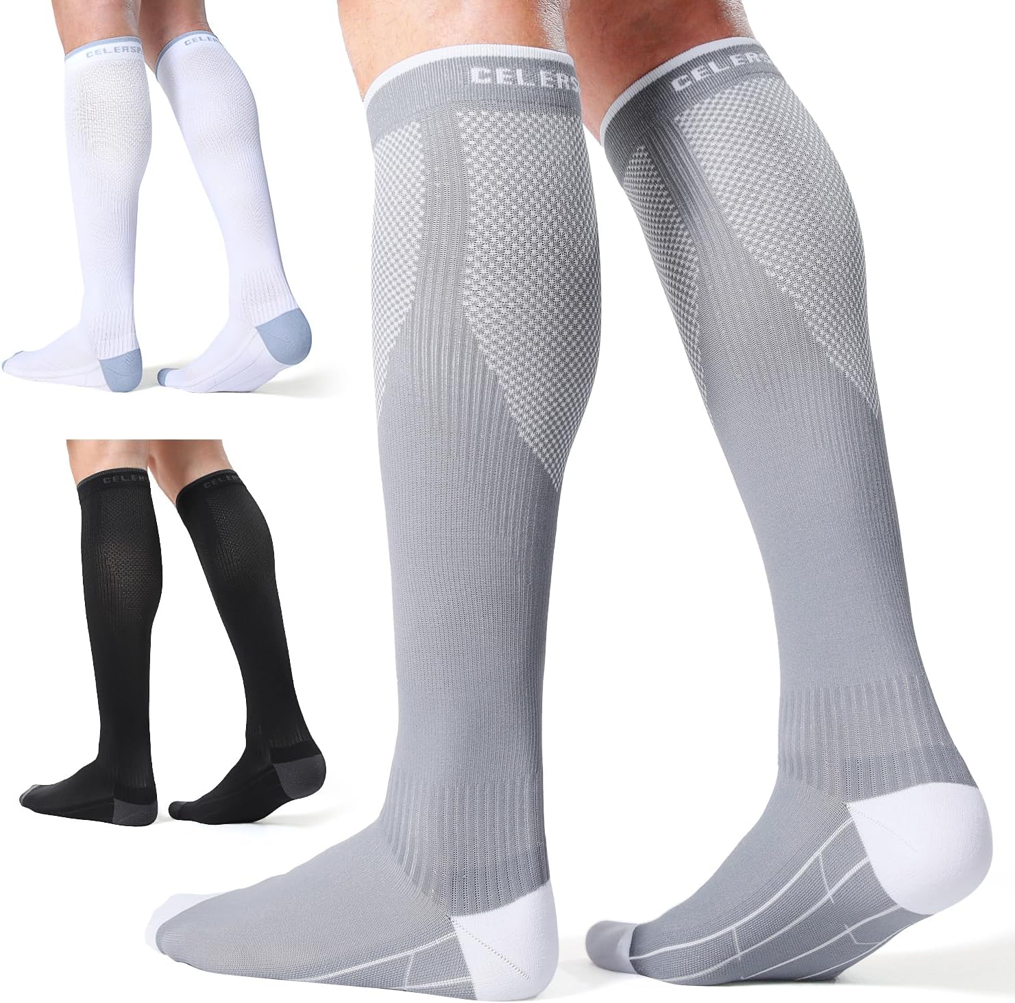 CS CELERSPORT 3 Pairs Compression Socks for Men and Women 20-30 mmHg Running Support Socks