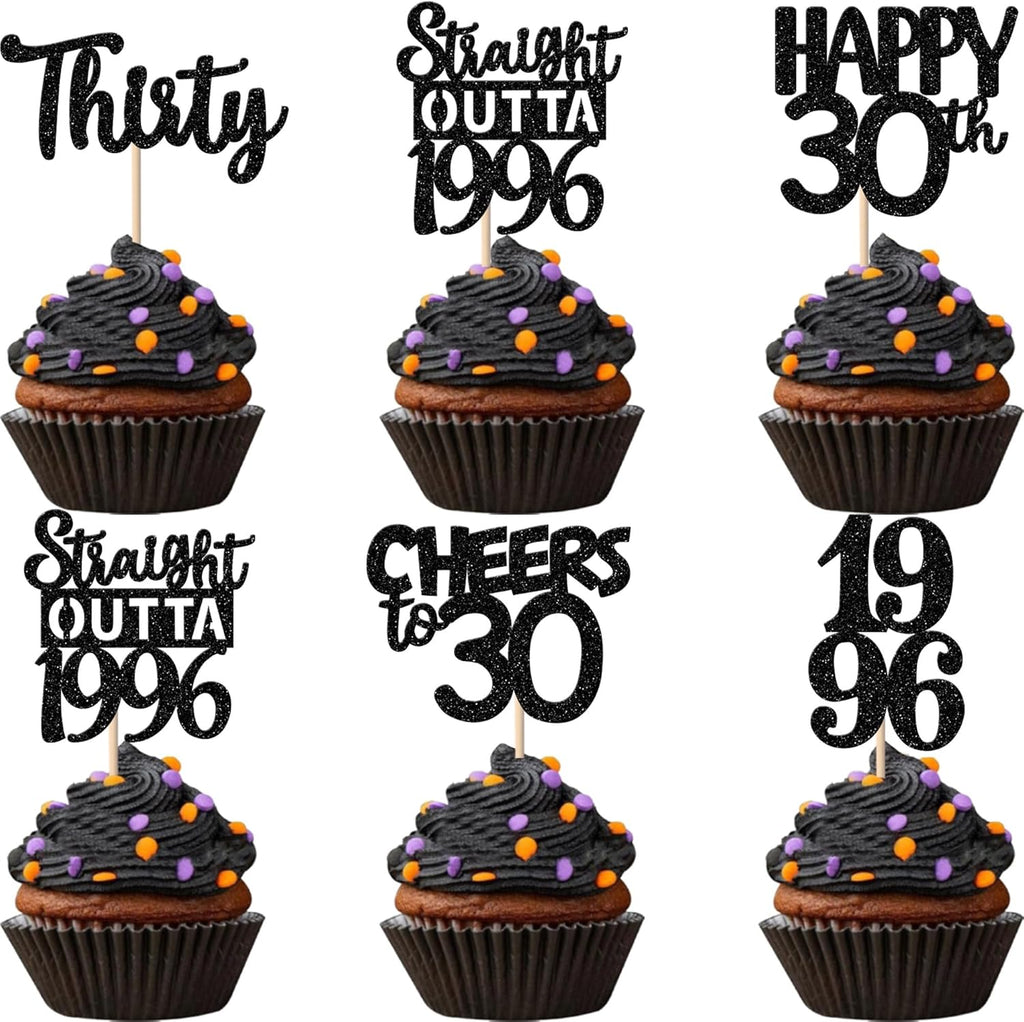 30PCS Black 30th Birthday Cupcake Toppers Glitter Thirty Happy 30th Straight Outta 1996 Cupcake Picks for Cheers to 30 Years 30th Birthday Wedding Anniversary Party Decoration Supplies