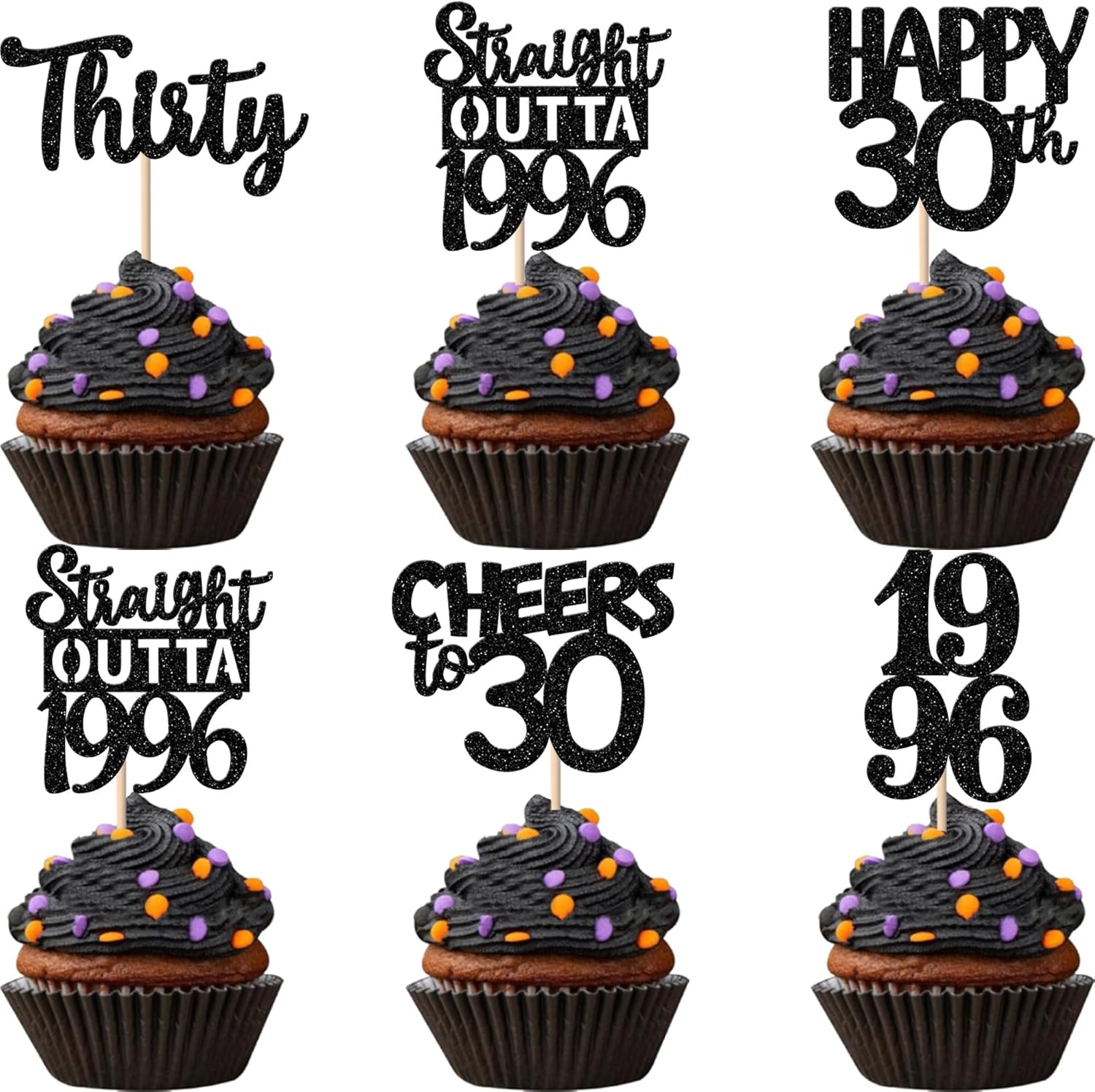 30PCS Black 30th Birthday Cupcake Toppers Glitter Thirty Happy 30th Straight Outta 1996 Cupcake Picks for Cheers to 30 Years 30th Birthday Wedding Anniversary Party Decoration Supplies