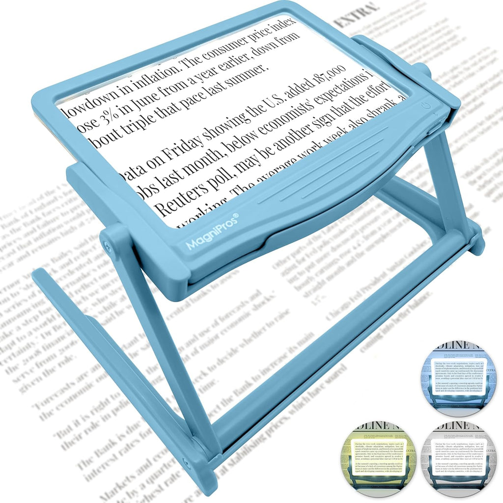MagniPros 5X Large LED Hands-Free Full Page Magnifying Glass with Detachable Stand & 3 Color Light Modes to Reduce Eye Strain, Ideal for Reading Small Prints, Crafting, Low Vision & Seniors