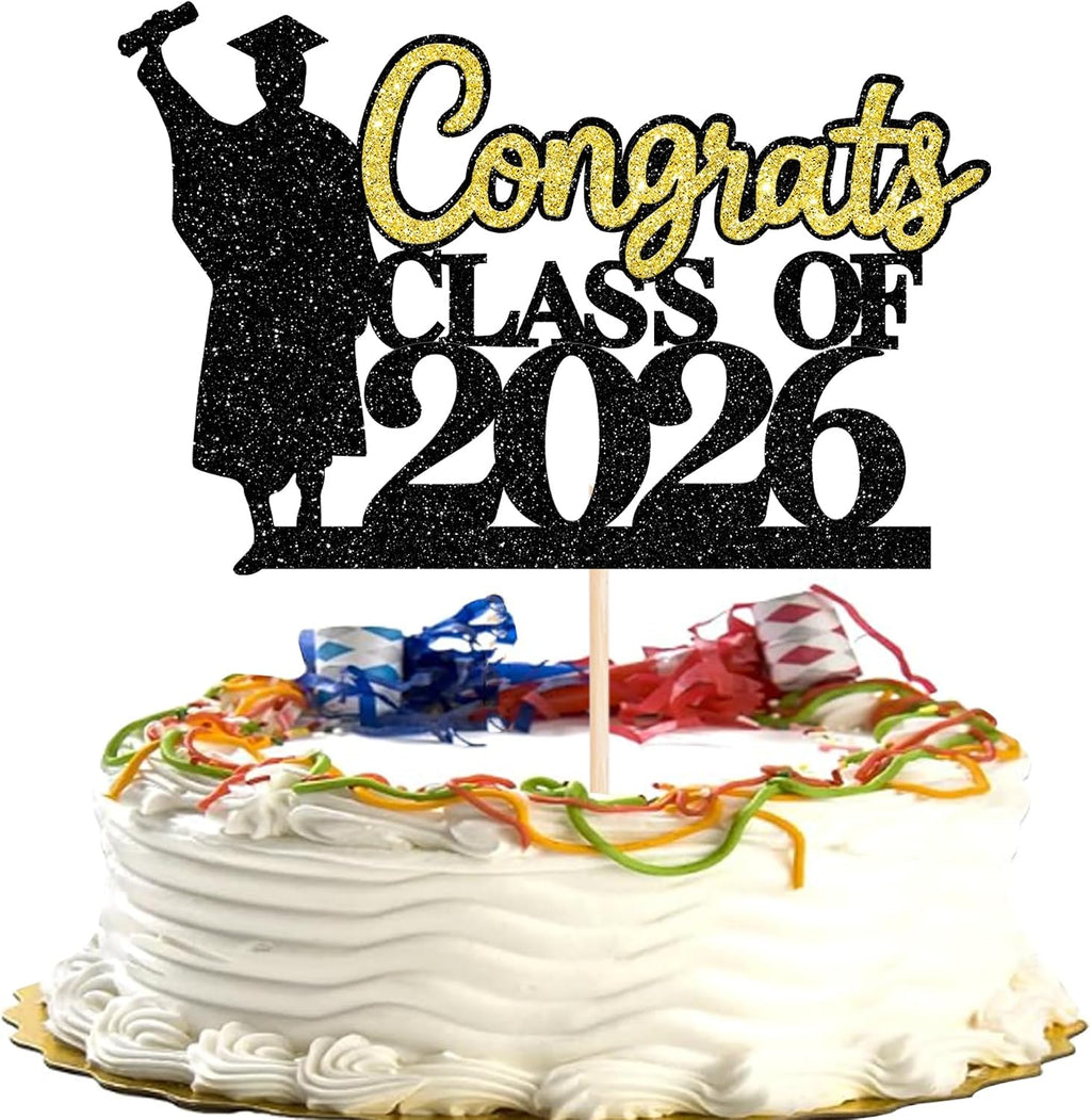 Rsstarxi 1 Pack Congrats Class of 2026 Cake Topper Glitter Congrats Grad Graduation Cap Diploma Cake Pick for 2026 High School College University Graduation Party Cake Decorations Black