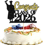 Rsstarxi 1 Pack Congrats Class of 2026 Cake Topper Glitter Congrats Grad Graduation Cap Diploma Cake Pick for 2026 High School College University Graduation Party Cake Decorations Black