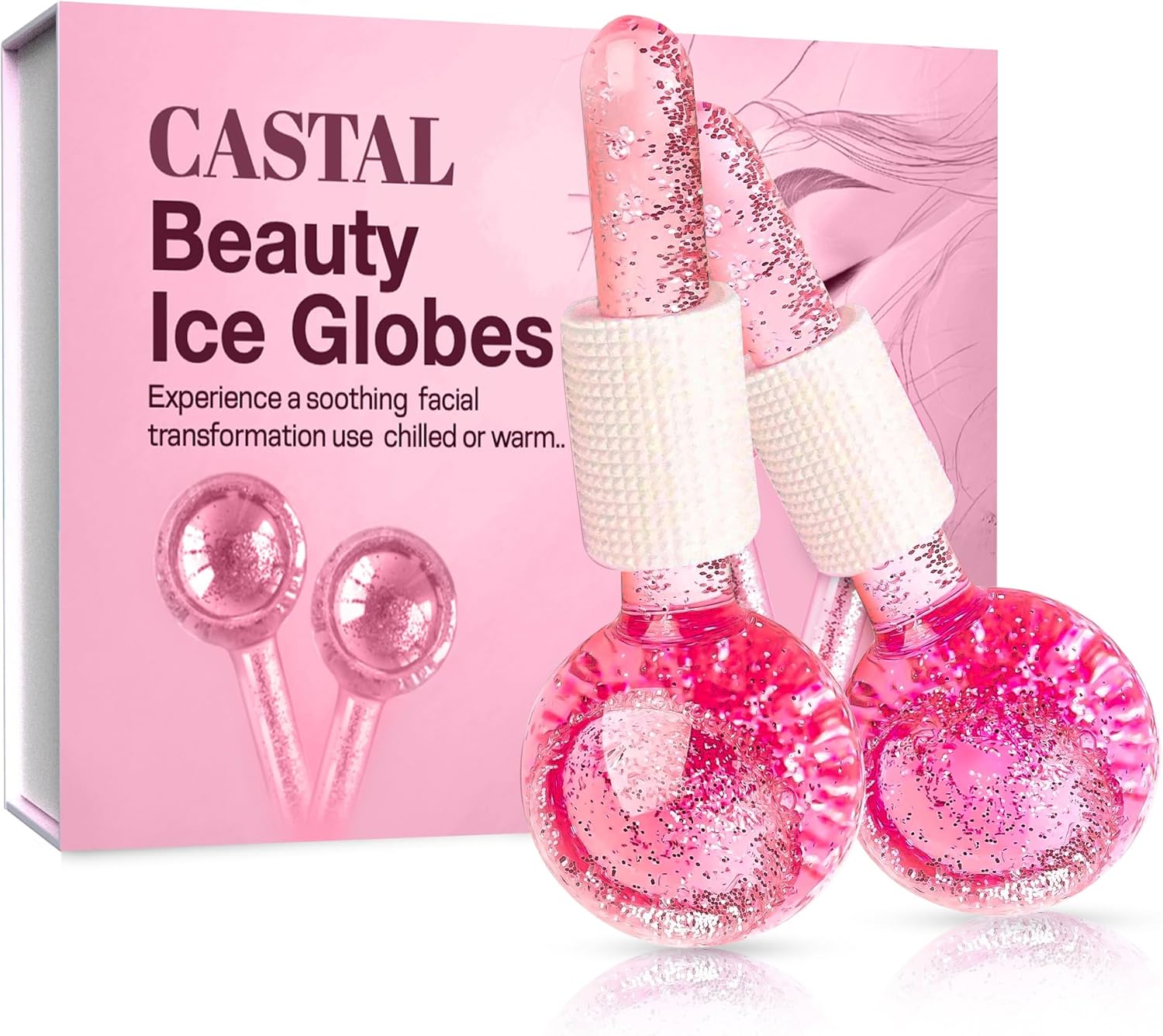 Ice Globes for Face 2Pcs – Freezer Safe Ice Globes for Facials, Skin Tightening & Anti-Aging – Reusable Facial IceGlobes for Reduction of Puffiness & Wrinkles of Face, Neck & Eyes–Pink