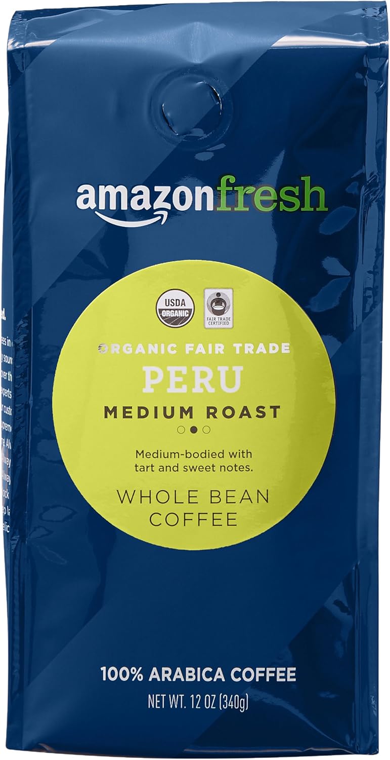 Amazon Fresh, Organic Fair Trade Peru Whole Bean Coffee, Medium Roast, 12 Oz