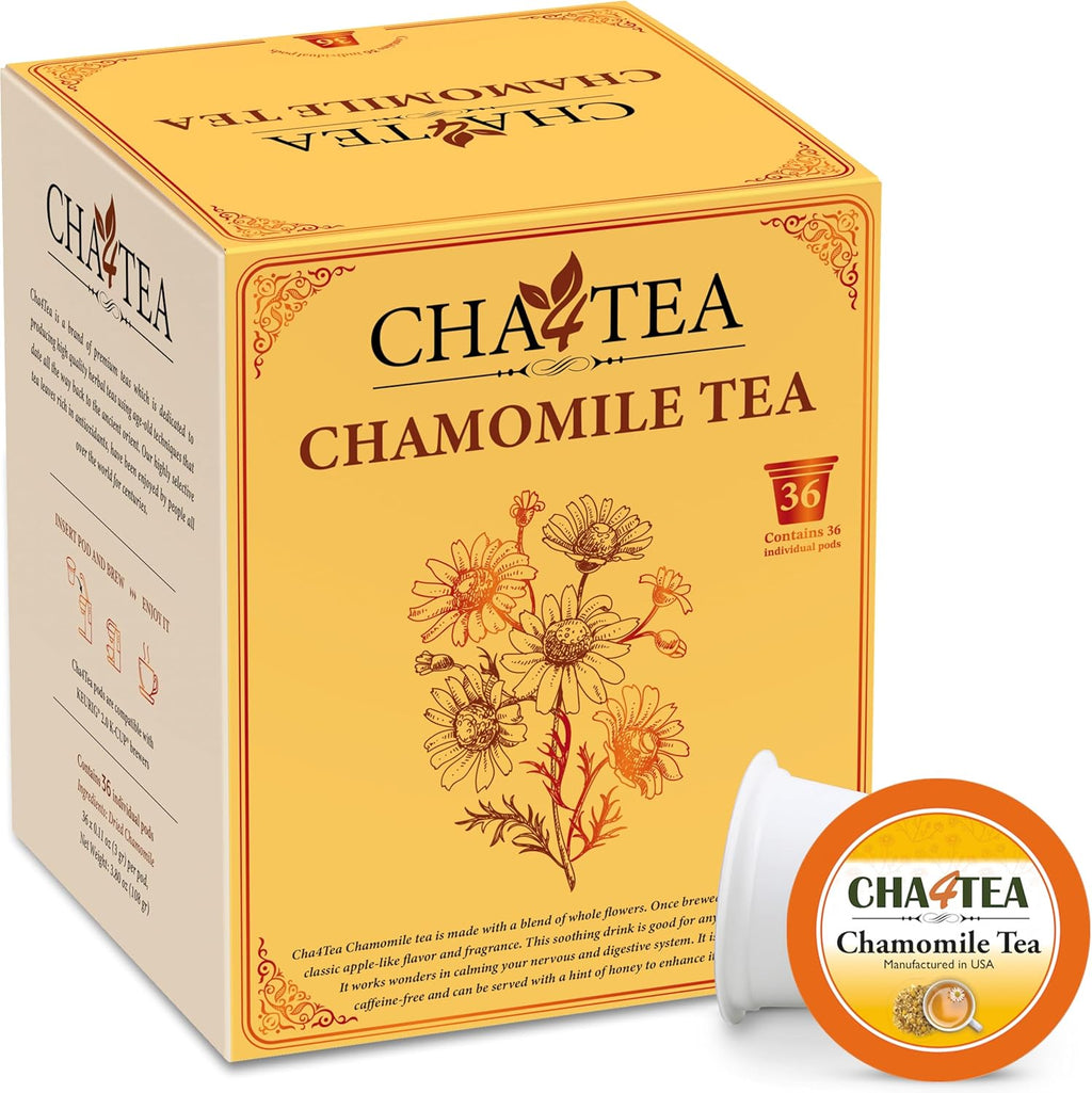 Cha4Tea 36-Count Pure Chamomile Herbal Tea Pods Compatible with Keurig Brewers - Bedtime/Sleep-well/Nightly Calm/Relaxing Tea