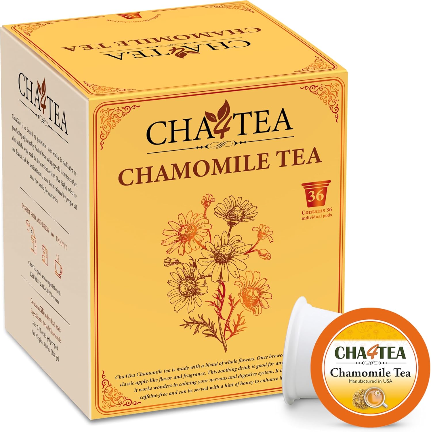 Cha4Tea 36-Count Pure Chamomile Herbal Tea Pods Compatible with Keurig Brewers - Bedtime/Sleep-well/Nightly Calm/Relaxing Tea
