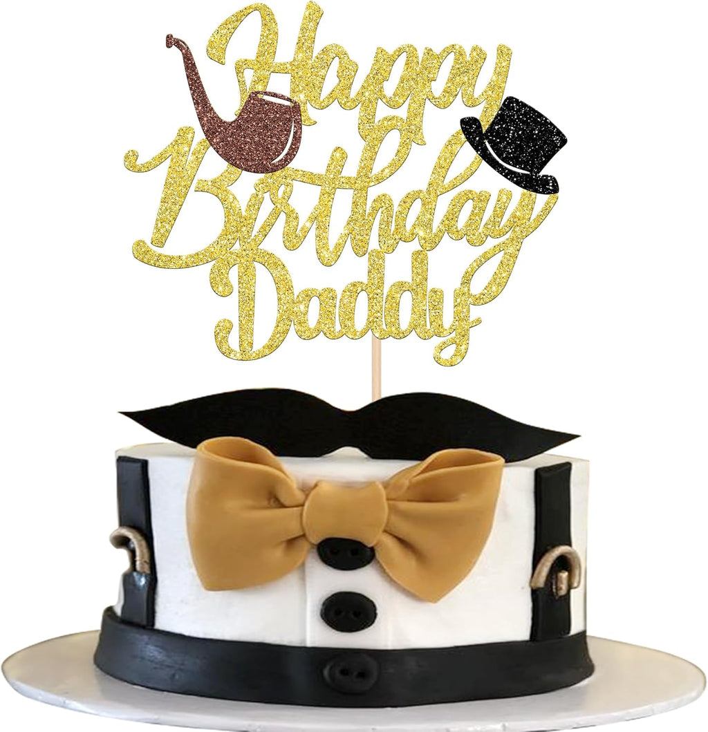 Rsstarxi 1 Pack Happy Birthday Daddy Cake Topper Gold Glitter Best Dad Happy Father's Day Cake Pick for Dad Birthday Happy Father's Day Party Cake Decorations Supplies