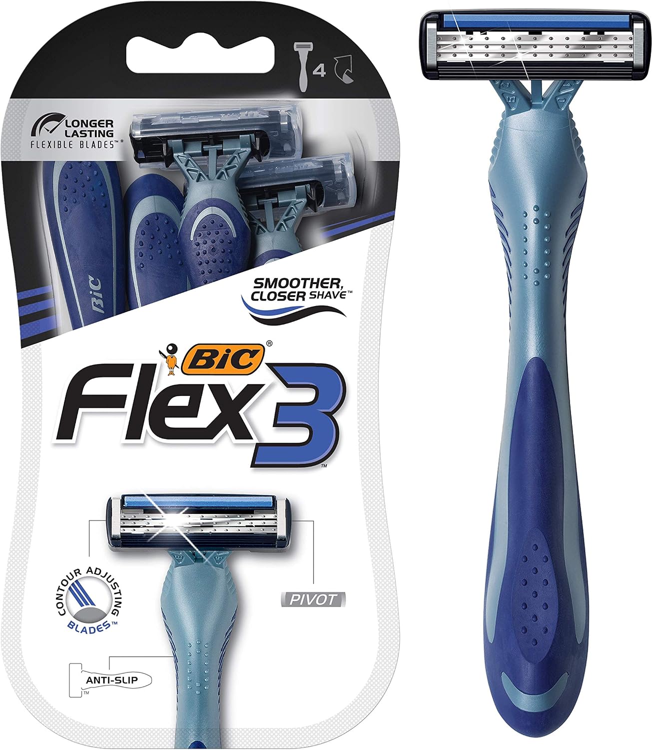 BIC Flex 3 Men’s Disposable Razors With 3 Blades, For a Smooth and Comfortable Shave, 4 Piece Razor Kit for Men