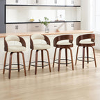 Swivel Bar Stools Set of 4,26" Faux Leather Upholstered Counter Height Barstools with Back,Mid-Century Modern Bar Chairs with Bentwood Legs and Footrest for Kitchen Island Bar Counter Beige