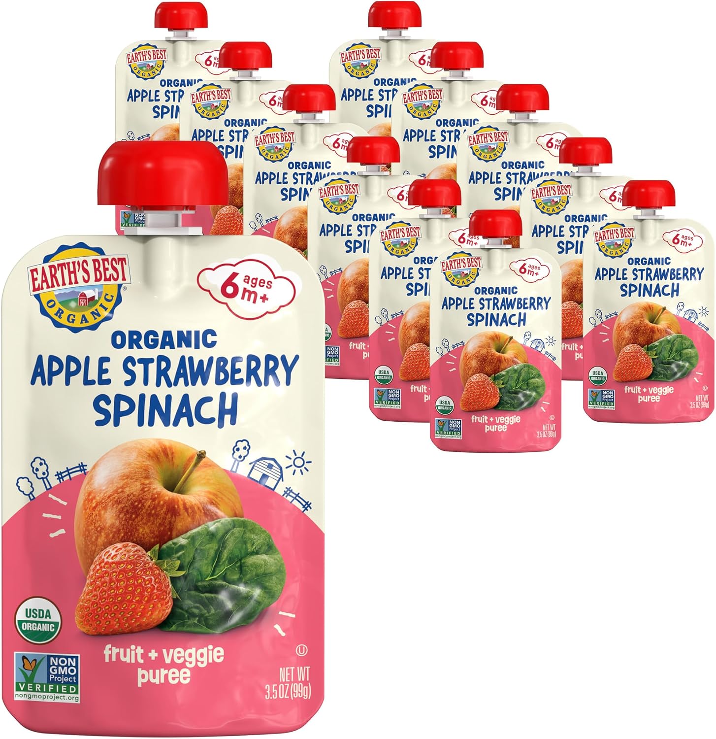 Earth's Best Organic Baby Food Pouches, 6+ Months, Fruit and Vegetable Puree for Babies 6 Months and Up, Organic Strawberry, Apple, and Spinach, 3.5 Ounce Resealable Pouch (Pack of 12)