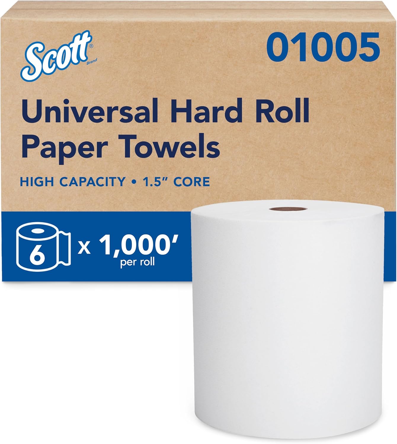 Scott Professional Essential Universal High-Capacity Hard Roll Paper Towels, Bulk (01005), Hardwound 1.5" Core, Absorbency Pockets, White (6 Rolls at 1,000' Each, 6,000'/Case)