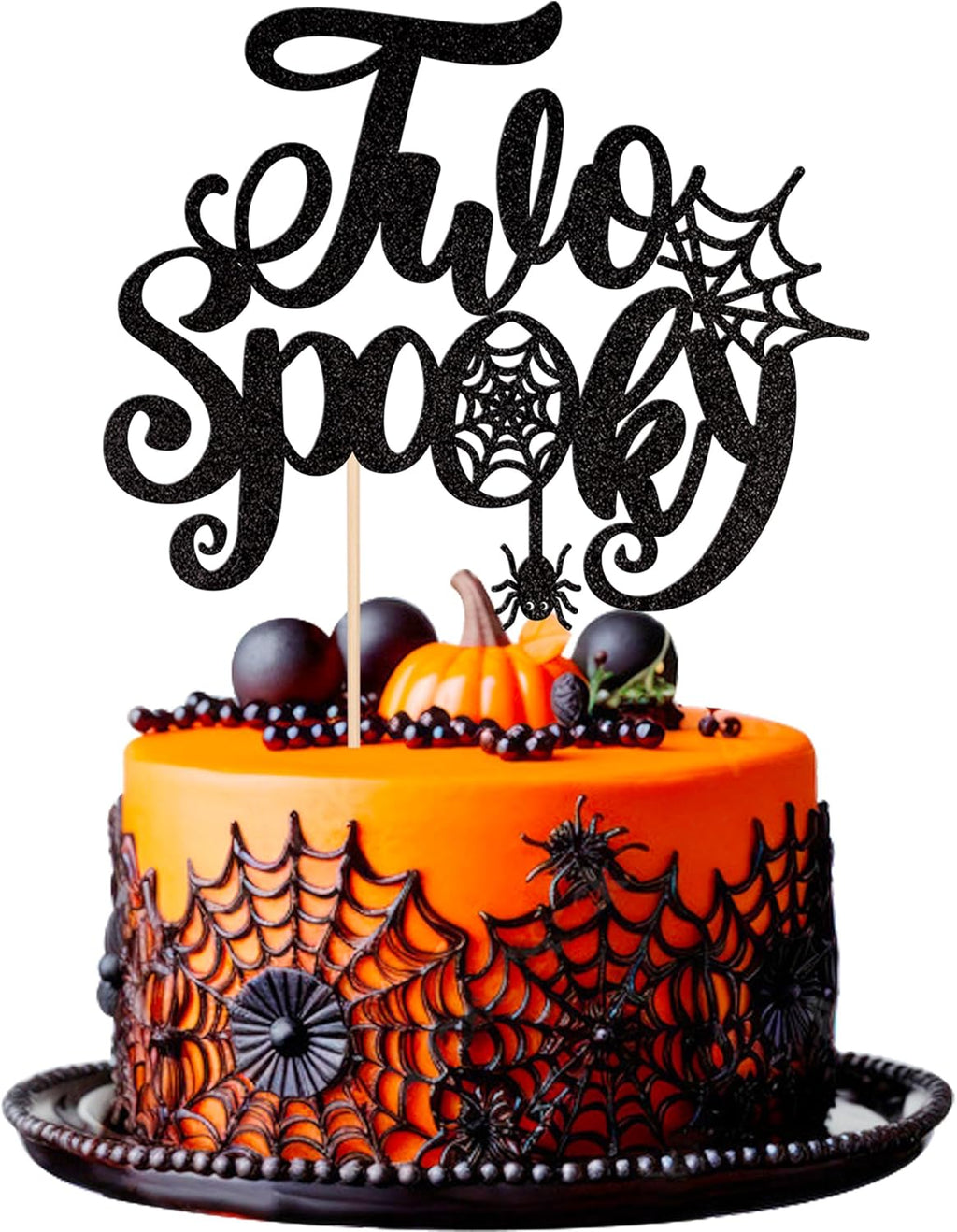 1 PCS Two Spooky Cake Topper Glitter Spider Web Halloween 2nd Birthday Cake Pick Baby Shower Cake Decoration for Halloween Spooky Two Second Birthday Party Cake Decorations Supplies
