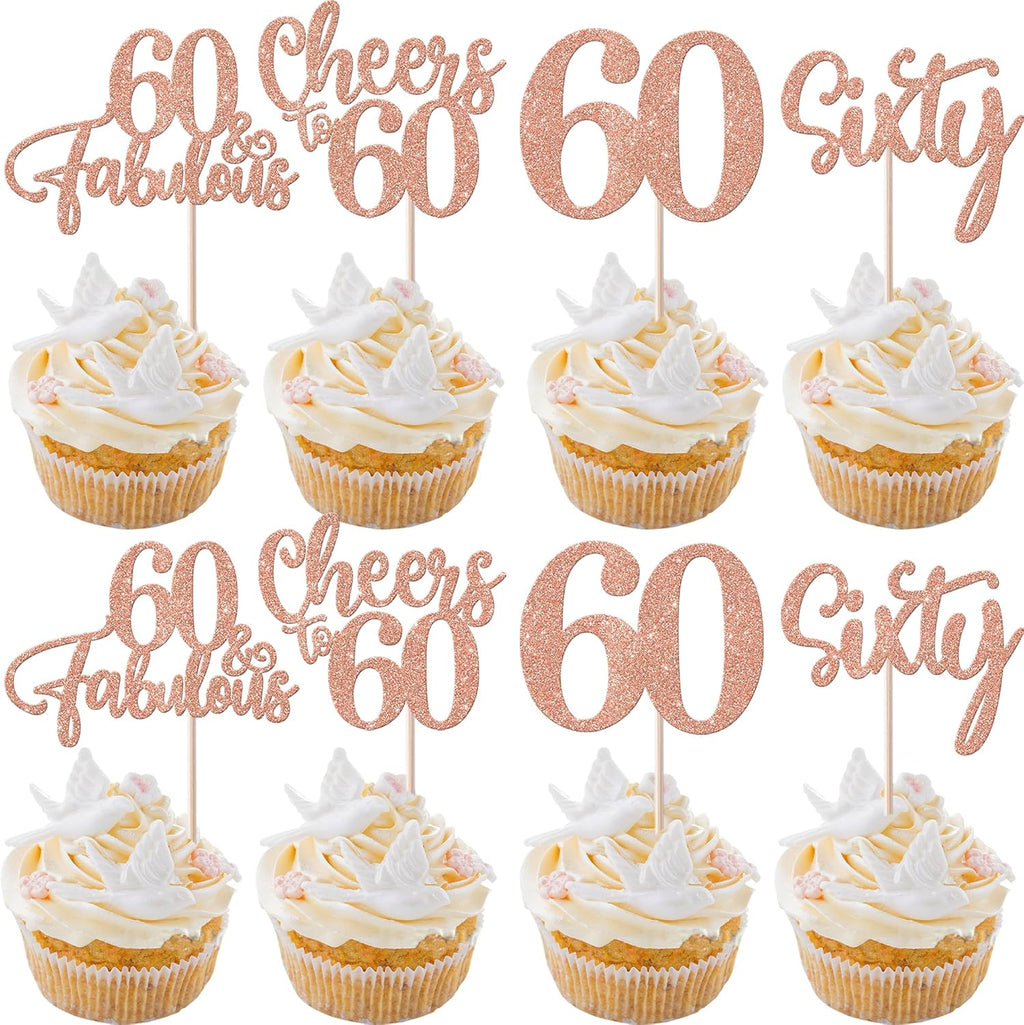 Rsstarxi 24 Pack 60th Birthday Cupcake Toppers Glitter 60 Fabulous Sixty Cupcake Picks Cheers to 60 Years Old Cake Decorations for 60th Wedding Anniversary Party Decorations Rose Gold