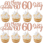 Rsstarxi 24 Pack 60th Birthday Cupcake Toppers Glitter 60 Fabulous Sixty Cupcake Picks Cheers to 60 Years Old Cake Decorations for 60th Wedding Anniversary Party Decorations Rose Gold